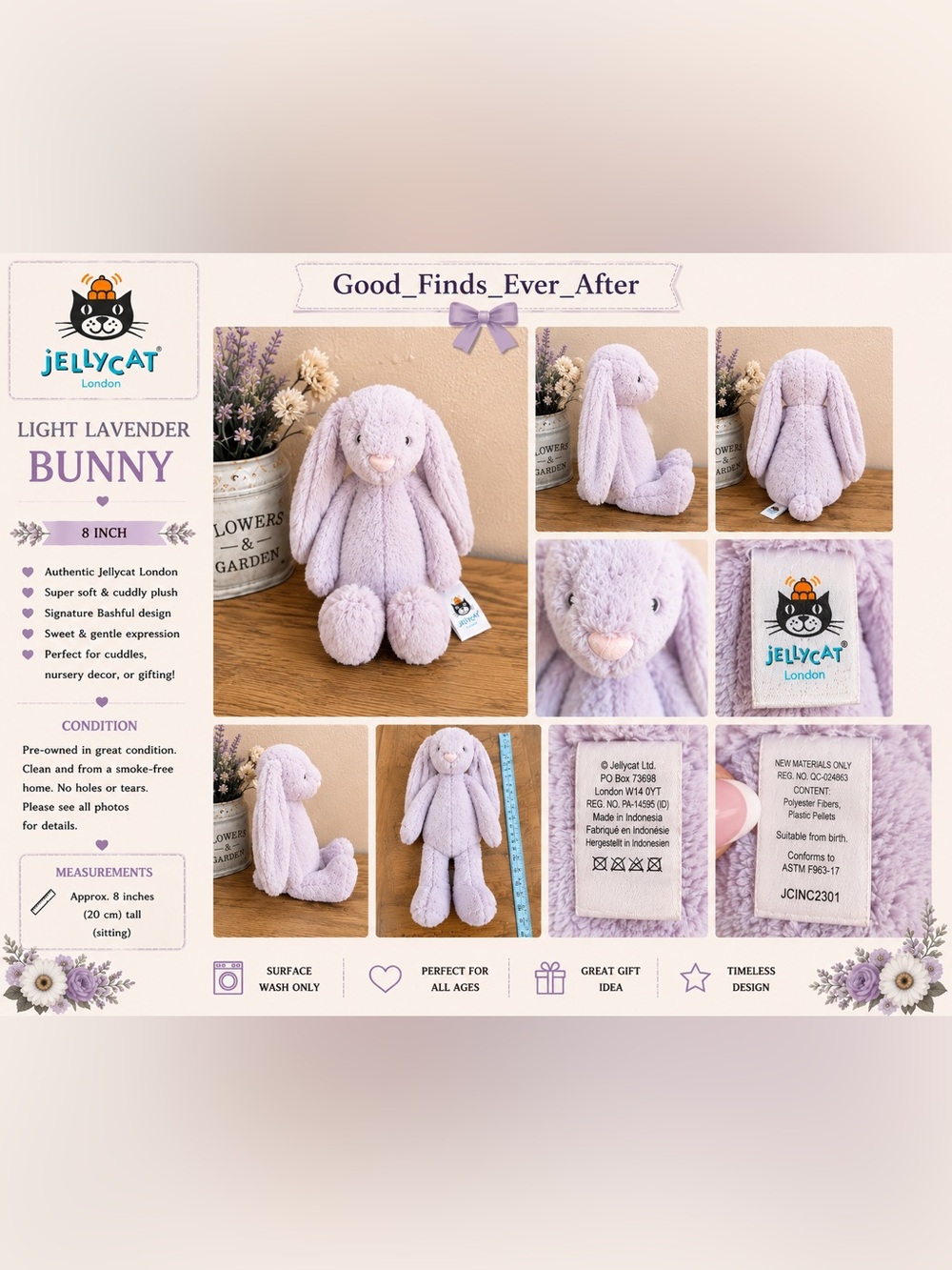JELLYCAT London 8” light Lavender Bashful Bunny Rabbit Plush Toy - Retired RARE